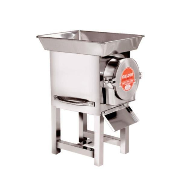Side view of Gravy Machine 3 HP Super Deluxe with stainless steel body, round motor cover, and output chute.
