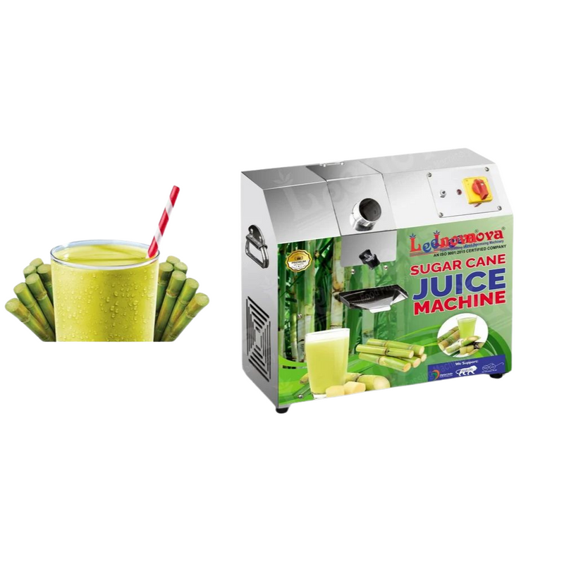 Sugarcane Juice Machine COMPAQ – displayed with sugarcane juice glass, highlighting hygienic design and compact build for small-scale vendors.