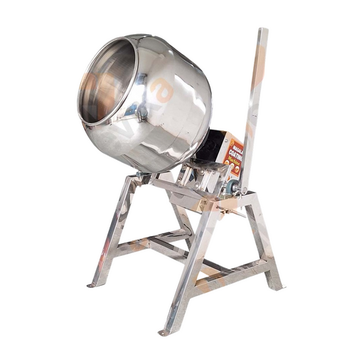 1HP masala coating and flavouring pan machine with high-grade stainless steel drum and tilting design.