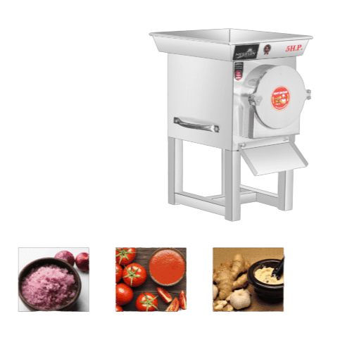 High Capacity 5 HP Gravy Machine with Vegetable Output Samples
Multipurpose gravy machine for onion paste, tomato puree, and ginger-garlic grinding, shown with finished product visuals.