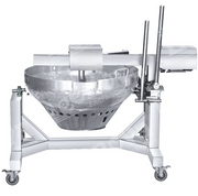 Side profile of 3-feet halwa machine featuring deep round pan, supporting arms, dual handles, and motorized stirrer.