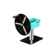 Hand-operated slicer with a sturdy build, featuring sharp blades for precise potato and onion slicing.