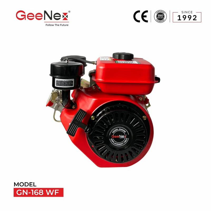 3. Side view of GeeNex GN-168 WF diesel engine displaying the recoil start mechanism and air filter, designed for agricultural and industrial use.