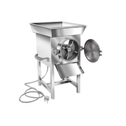 Side view of electric Gravy Machine 1 HP with attached power cord, open chamber, and sturdy stainless steel frame.