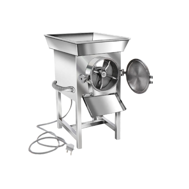 Side view of electric Gravy Machine 1 HP with attached power cord, open chamber, and sturdy stainless steel frame.