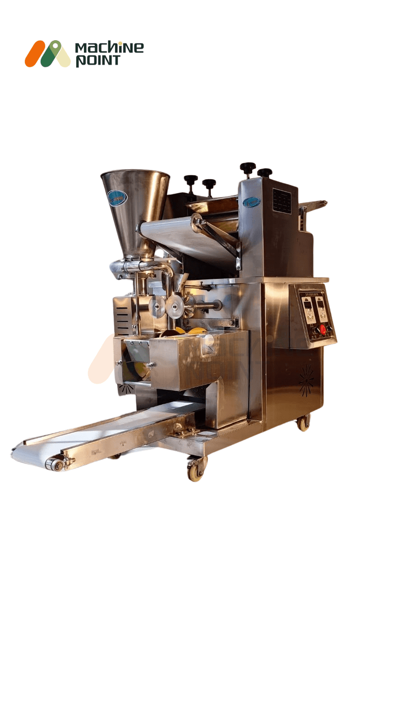 Automatic Samosa Making Machine (Big) with conveyor belt and stainless steel body for high-capacity production.
