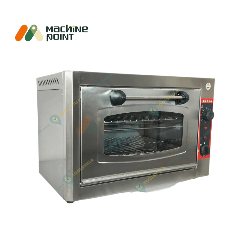 Side angle of stainless steel 12x18 electric pizza oven featuring front glass panel and precise temperature control dial.