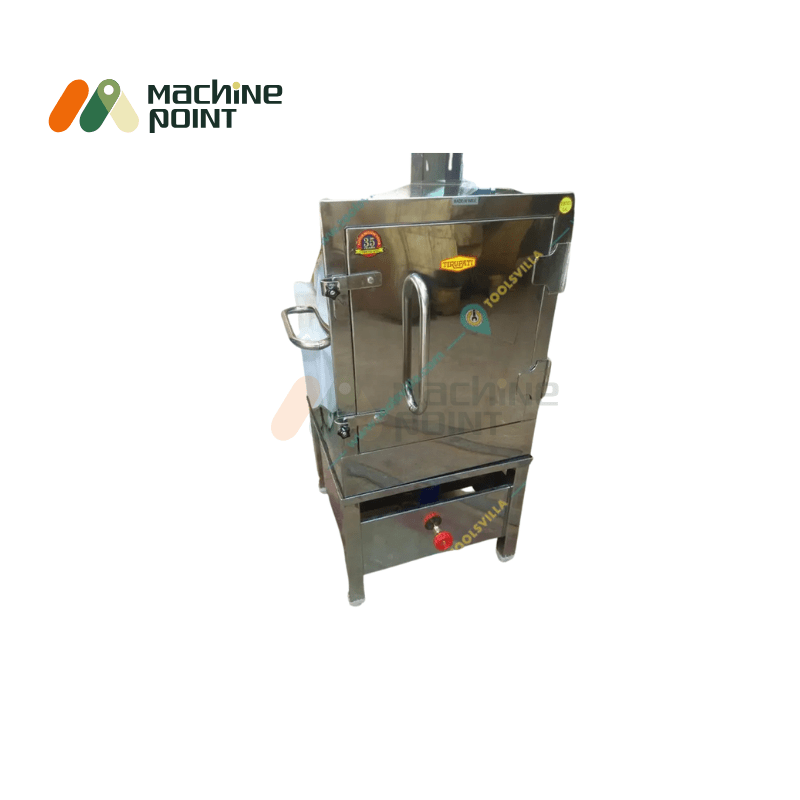 Side-angle view of Live Steam Dhokla Machine with 12 tray capacity and durable stainless steel body – ideal for bulk steaming.