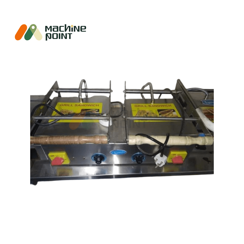 Heavy-Duty Twin Sandwich Maker Featuring Cast Iron Grill Plates and Dual Controls.