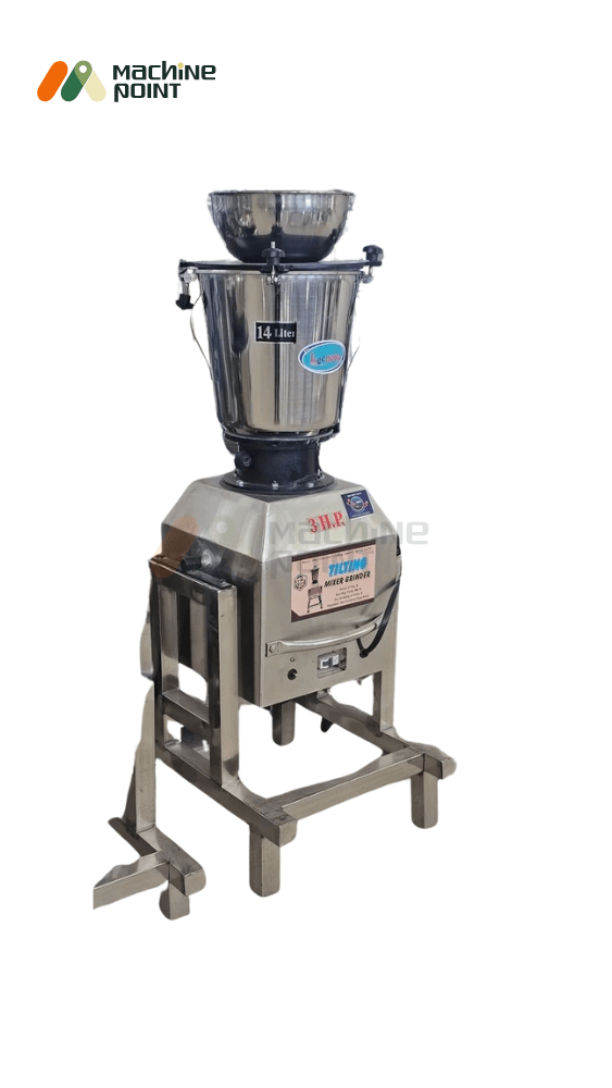 Side angle of 14 Liter Tilting Mixer with stainless steel frame and bowl – suitable for bulk food preparation.