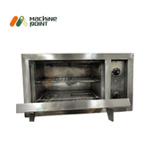 Open view of  electric pizza oven showing dual grill racks, thermostat dial, and spacious baking chamber – perfect for pizzas and snacks.