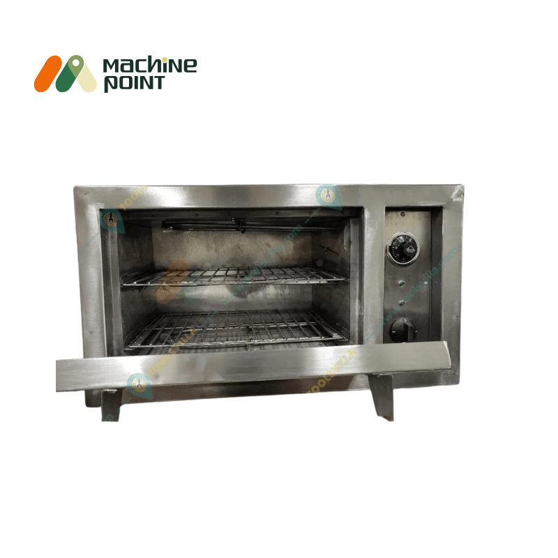 Open view of  electric pizza oven showing dual grill racks, thermostat dial, and spacious baking chamber – perfect for pizzas and snacks.