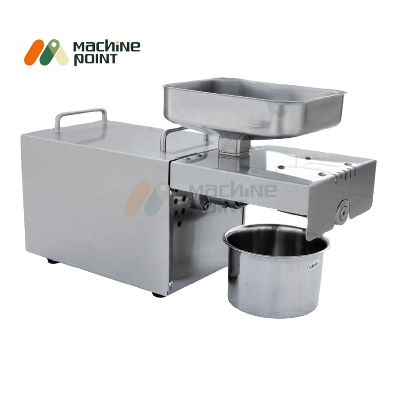 Compact design cold press oil machine with detachable oil collection bowl and high-efficiency motor.
