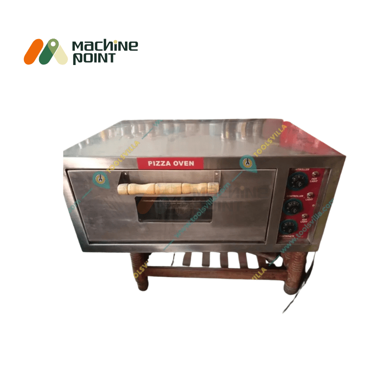 Front view of Electric Pizza Oven 24x24 with red label, wooden handle, and placed on a wooden stand.