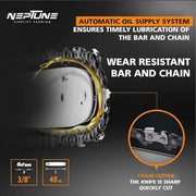 Neptune electric chain saw with 4800 RPM chain speed