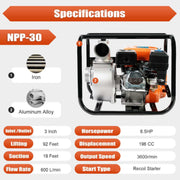 196cc 4-stroke petrol water pump with 600 LPM flow rate