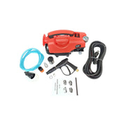 GT-288 car washer shown with complete accessories including foam bottle, spray gun, and water inlet pipe – designed for multipurpose outdoor cleaning.