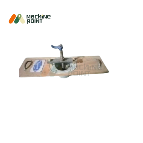 Top view of the Hand Operated Sev Machine with a wooden base, center-mounted pressing unit, and a metal sev outlet.