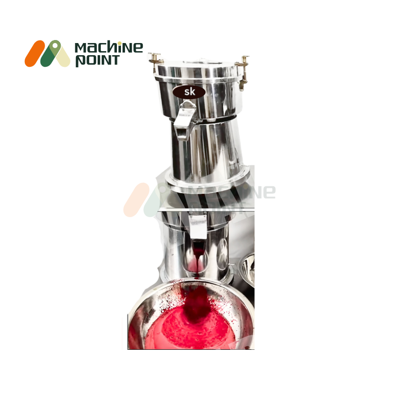 Big Carrot Juice Machine actively extracting beetroot juice – front outlet pouring juice into bowl.