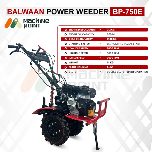 Side view of Balwaan Power Weeder BP-750E featuring a 212cc petrol engine, 2+1+1 blade housing, self-start and recoil start system, and large radial tyres; displayed alongside detailed specifications like 3600 RPM rated speed, 111 kg weight, and double clutch lever operation.