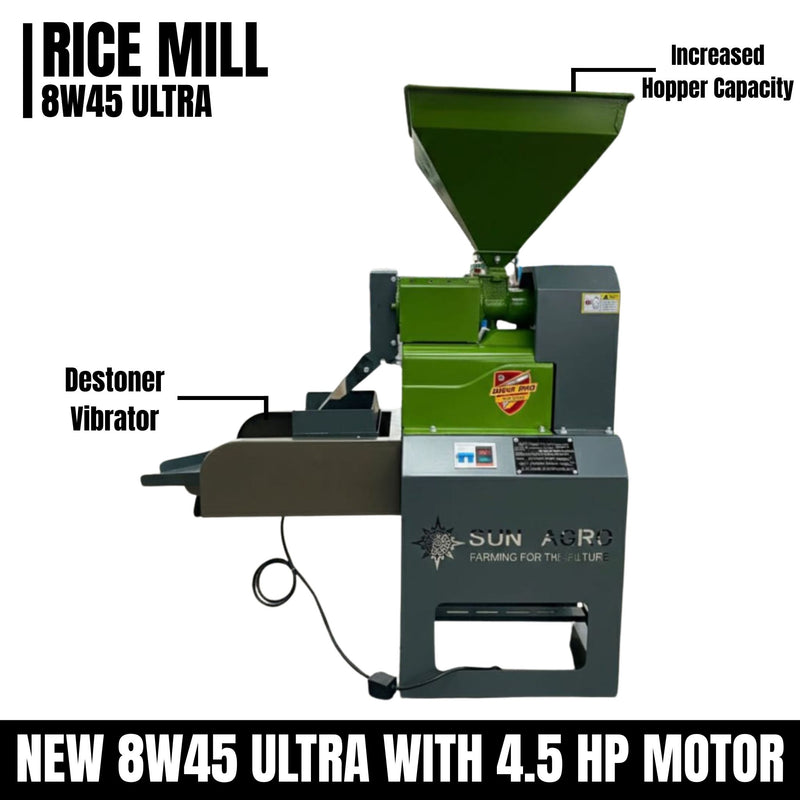 Compact commercial rice mill 8W45 Ultra showing industrial build and high capacity hopper