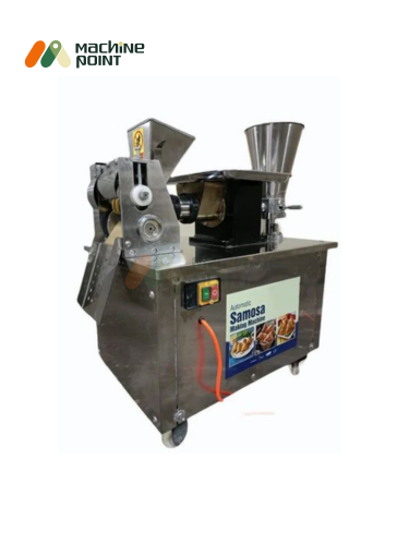 Side view of compact samosa making machine featuring roller system and automatic shaping unit.