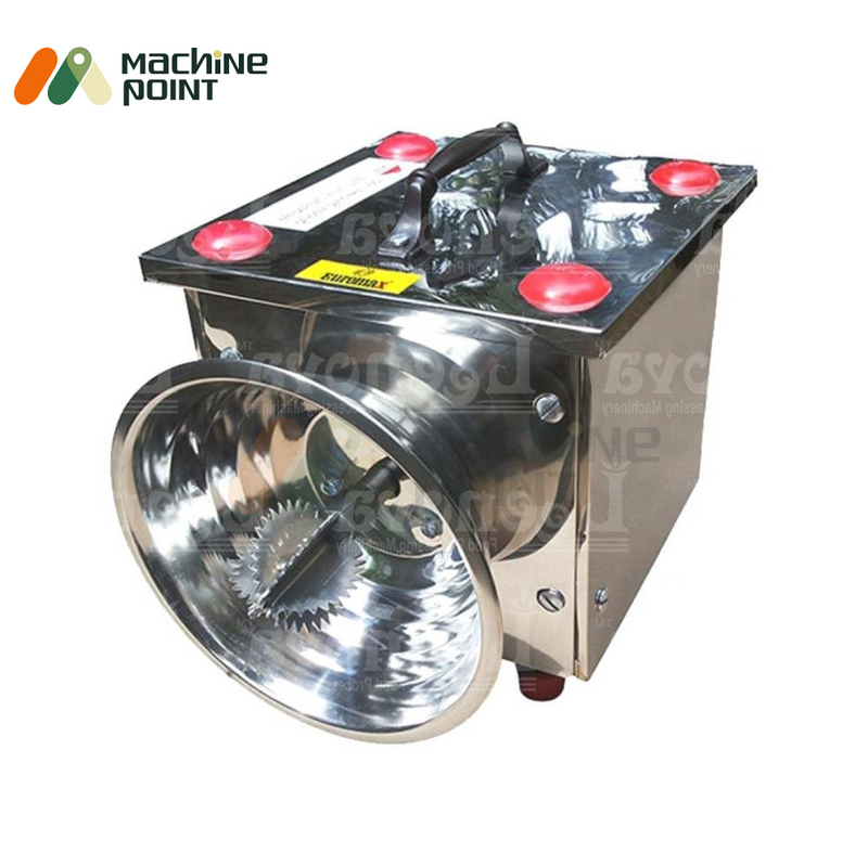 Angled front view of the Electric Coconut Scrapper showing a shiny metal surface, built-in handle, and sharp scrapping disc.
