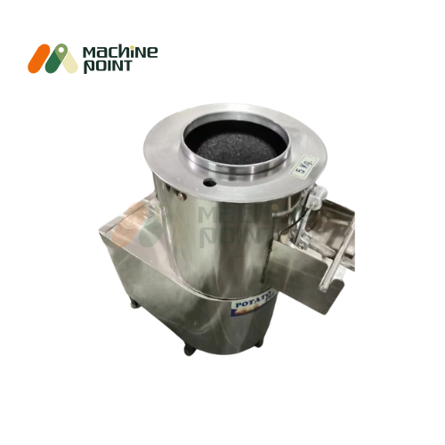 Circular inlet design with abrasive lining for efficient peeling of potatoes in bulk kitchens.