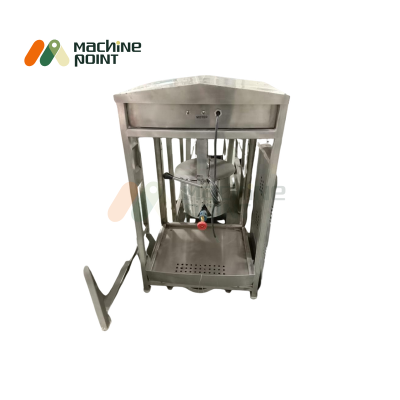 Gas Popcorn Machine – Stainless steel build with internal gas burner and kettle setup, designed for high-capacity popcorn preparation.