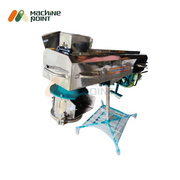 Front angled view of Farsan Machine 9'' with stainless steel body, blue support frame, and attached cutting chamber.