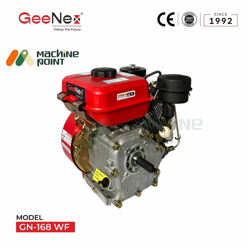 Angled view of GeeNex GN-168 WF diesel engine highlighting the engine shaft, robust construction, and multi-purpose application, with visible CE and ISO certifications.