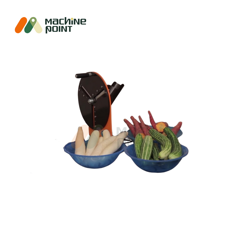 Hand Operated Salad Cutter with a bowl of chopped radish and a bowl of whole vegetables like carrots and cucumbers, ready for processing.
