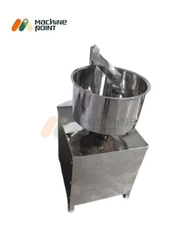 Stainless steel shrikhand mixing machine with 50 kg capacity bowl and vertical mixing blades – top view with compact design.