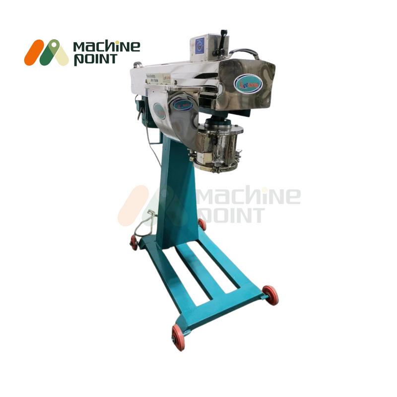 Maska Shredding Machine – front view showing compact stainless steel design with a blue metal stand and caster wheels for mobility.