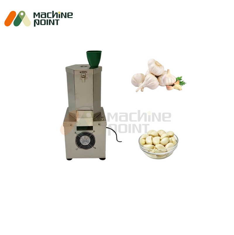 Garlic Peeler Machine - Automatic Garlic Peeling Machine with Green Hopper, Bowl of Peeled Garlic Cloves, and Machine Point Branding.