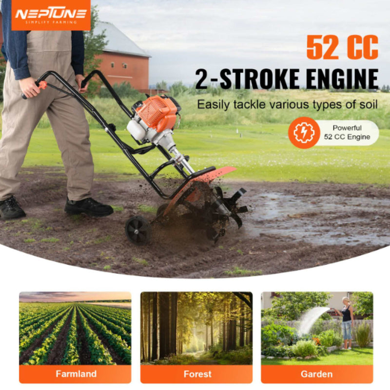 Compact petrol tiller with 30 cm width and forged tines for soil aeration