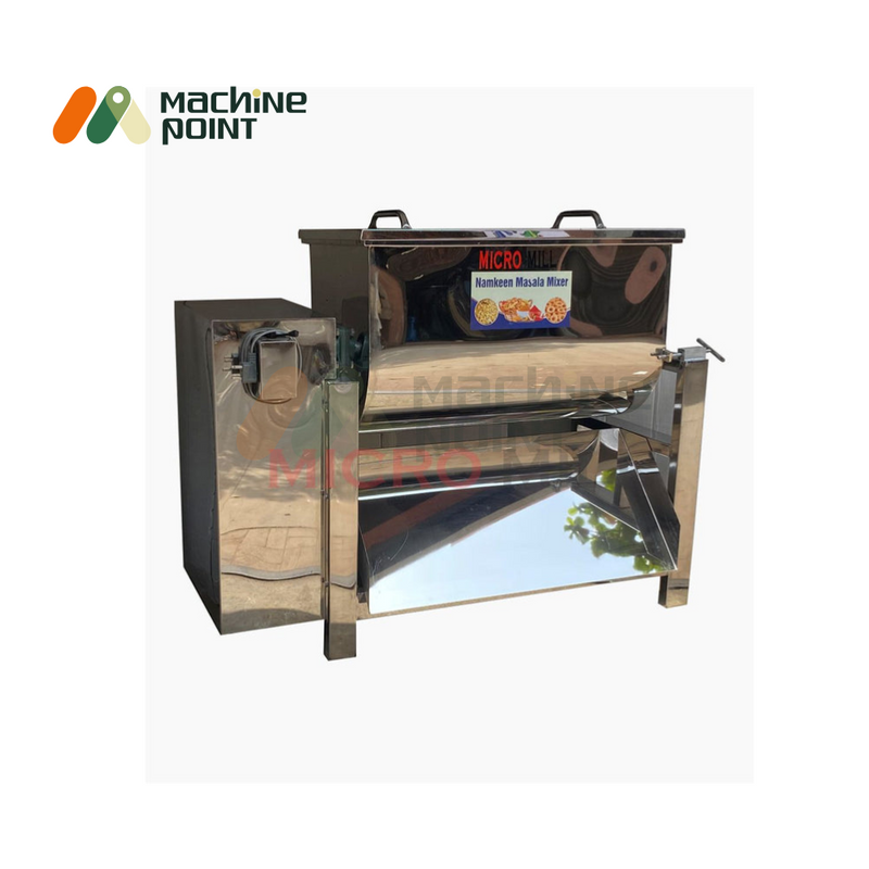 Shiny stainless steel Namkeen Mixer 2 Feet with dual handles and vibrant sticker showcasing snack mixing uses.