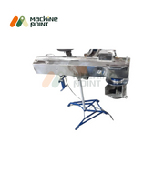 Angled view of LEENOVA Farsan Machine 7" highlighting the cutting chamber and stainless steel top cover, mounted on a tripod-style blue frame.
