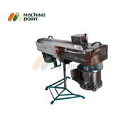 Side view of Farsan Machine 10.5'' with polished hopper unit, motor housing, and a blue metal frame for stability.