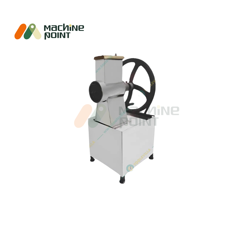 Kadukas Bhuka Machine with flywheel – side view showing sturdy metal body and vegetable feeding chute.
