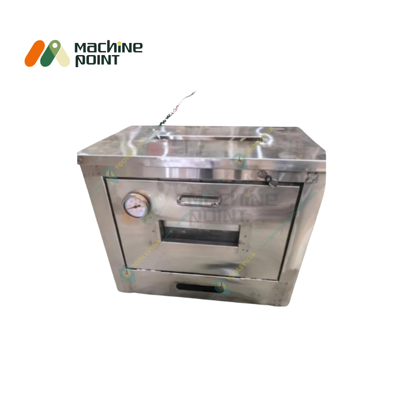 Front view of gas-operated pizza oven 10x16 with temperature gauge and window panel.