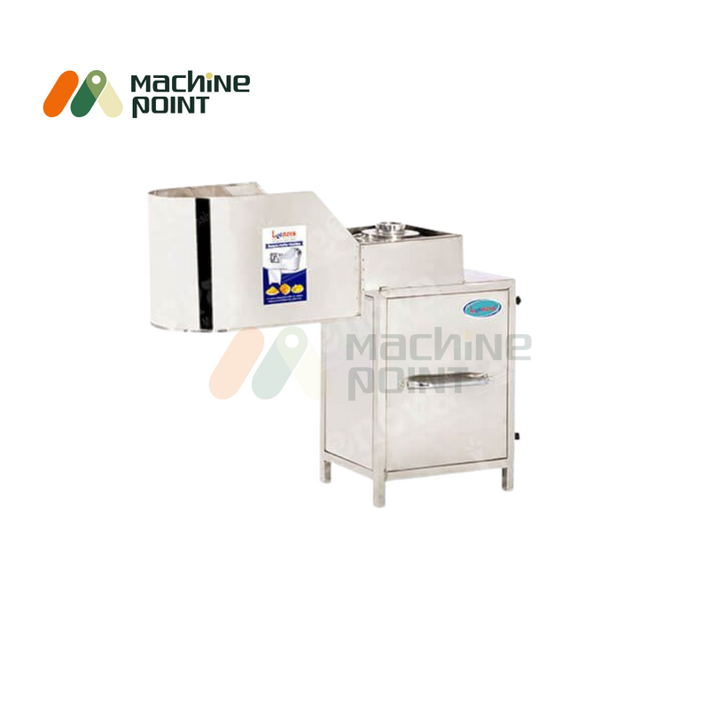 Stainless steel Banana Wafer Machine with labeled output chute and compact body, equipped with a speed control feature.
