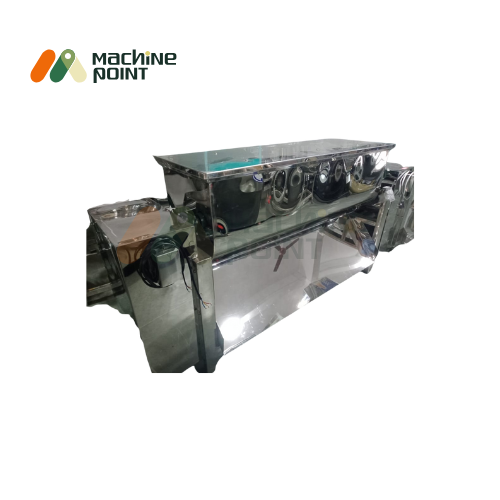 Angled side view of Namkeen Mixer Machine 3 Feet with full stainless steel body and protective control panel.