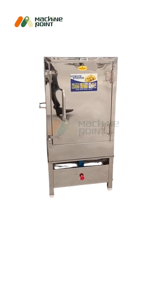 Front view of Nylon Khaman Machine with 6 tray capacity and stainless steel body – designed for steaming soft nylon khaman.
