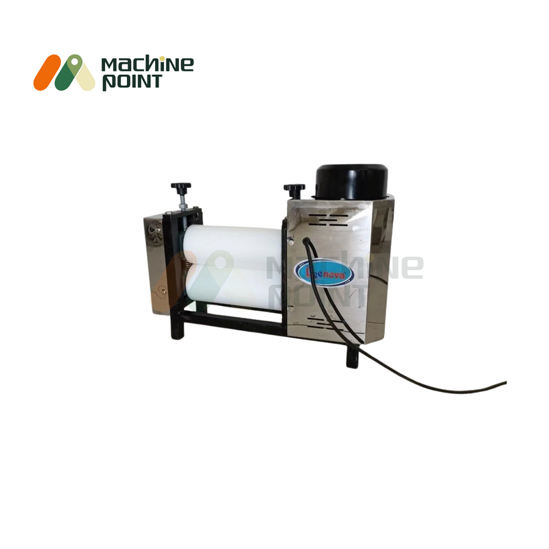 Samosa Patti Machine – side view showing dual food-grade rollers and stainless steel motor housing, ideal for rolling thin and even samosa sheets.