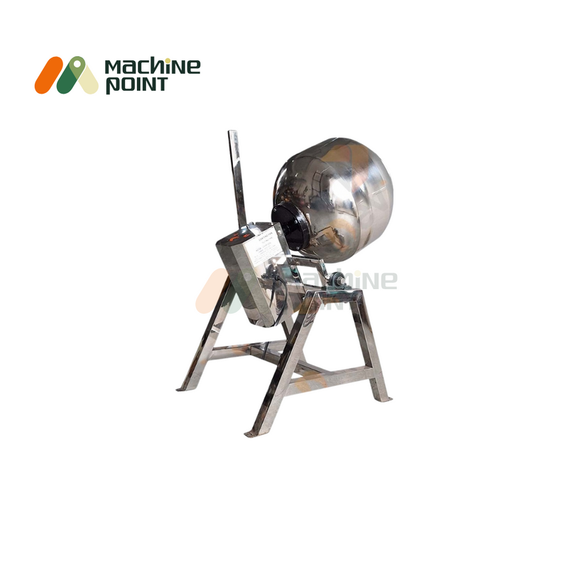 Back view of 1HP flavouring pan machine with sturdy frame and motor housing for industrial use.