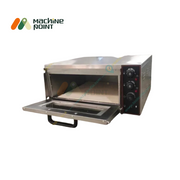18x18 electric pizza oven with triple control knobs, stainless steel body, and front glass window.