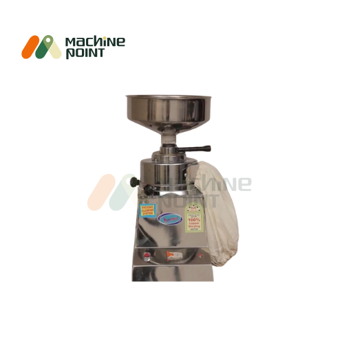 Front view of table top flour mill showing branded label, stainless steel construction, and flour outlet for domestic use.
