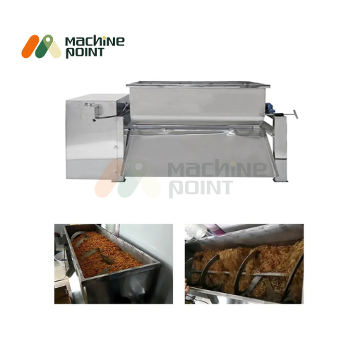 Namkeen Mixer Machine 5 Feet with inset images showing internal ribbon mixing blades and namkeen ingredients being processed.