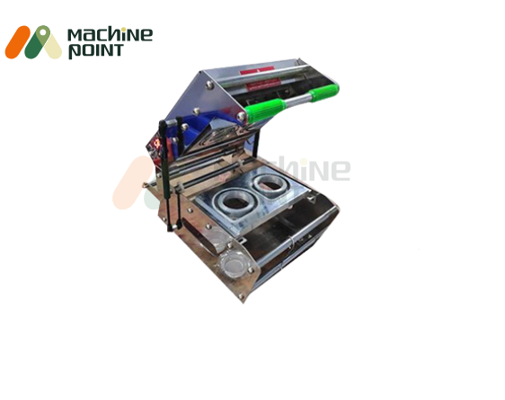 Double Cup Sealing Machine – Compact stainless steel unit with dual sealing slots and ergonomic handle, ideal for fast beverage packaging.